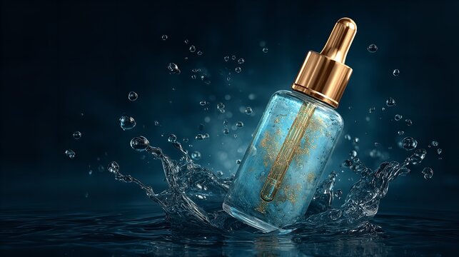Glass cosmetic serum dropper bottle with blue liquid and gold inclusions splashing dynamically into dark water, capturing dramatic liquid movement and high-end beauty product advertising concepts.
