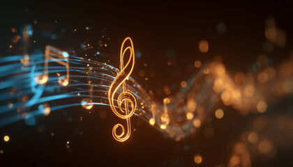 Abstract musical notes swirl on glowing light stream, vibrant particles drift in dark space. Dynamic wave carries melody and rhythm, conveying powerful sound energy