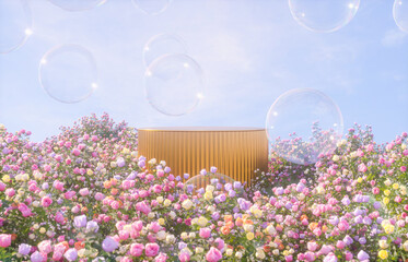Natural beauty podium backdrop with spring rose flower garden scene. 3d rendering.