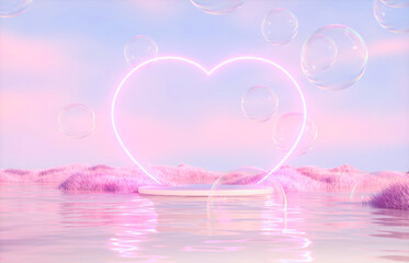 Valentine background with Neon heart and Pastel dreamscape. 3d rendering