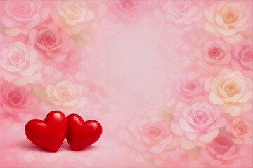 A bright and romantic Valentines Day card with two red heart on soft pink rose flowers background.