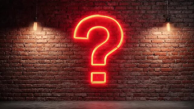 Neon question mark on brick wall background with light bulbs