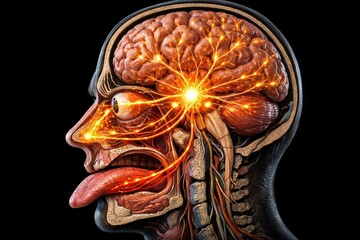 A highly detailed, anatomically accurate conceptual visualization of the human head, brain and neural network.