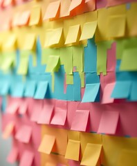 Color Coded Sticky Notes Forming Abstract Skyline Mural