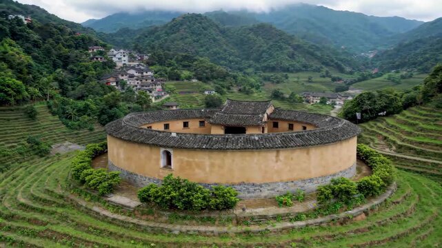 Overlooking the rural scenery of Fujian Tulou Village