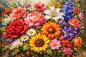 An oil painting of a variety of beautiful blooming colorful flowers.
