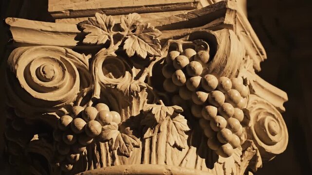 Intricate classical column capital with sculpted grape and leaf details bathed in warm golden light for historical architecture concept and viticulture heritage