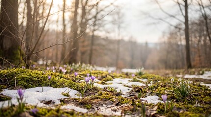 Spring flowers blooming in a serene forest clearing with melting snow and lush greenery viewed from a low angle