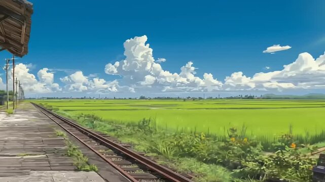 Old train station platform with tracks leading through lush green fields