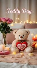 Teddy bear holding heart with 'teddy day' text surrounded by candles flowers and gifts on bed