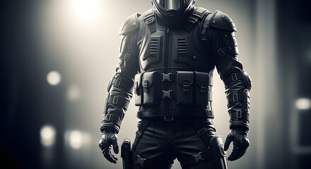 Fototapeta premium A futuristic armored figure in black leather and metal gear stands confidently with hands by their sides.