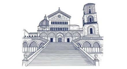 Obraz premium Grand baroque basilica facade with dome, bell tower, wide stone stairs and arches in blue ink illustration.