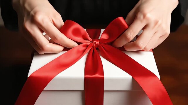 Person Tying Red Ribbon on White Gift Box.