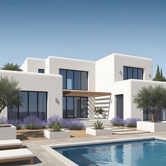 Modern white house with swimming pool.