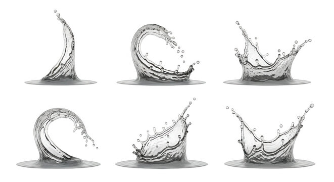 water splashes set of six isolated on white background creative liquid photography for advertising graphic design and illustration