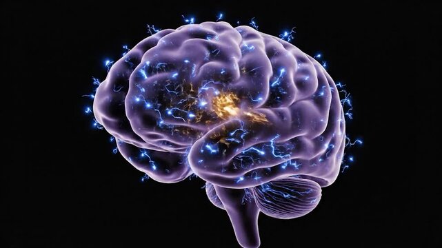 A 3D rendered brain, glowing and energized, with electrical impulses radiating on a black backdrop