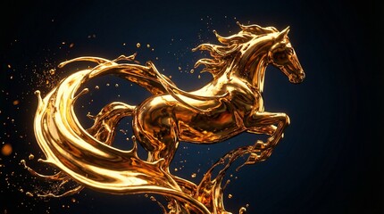 abstract horse made of flowing liquid gold, molten metal splash forming horse silhouette