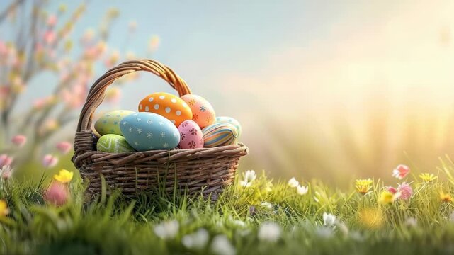 Colorful easter egg basket amidst blooming spring meadow at sunrise