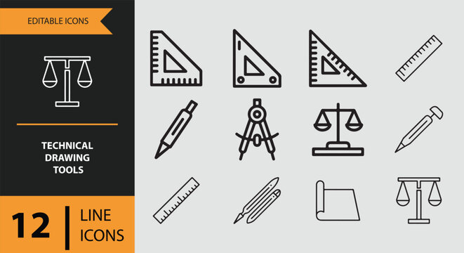 Editable line icons set featuring essential tools for technical drawing and design