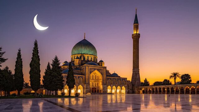 Mosque with green dome and minaret at sunset with crescent moon