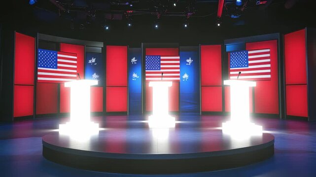 Illuminated political debate stage with american flags and podiums in bright studio lighting
