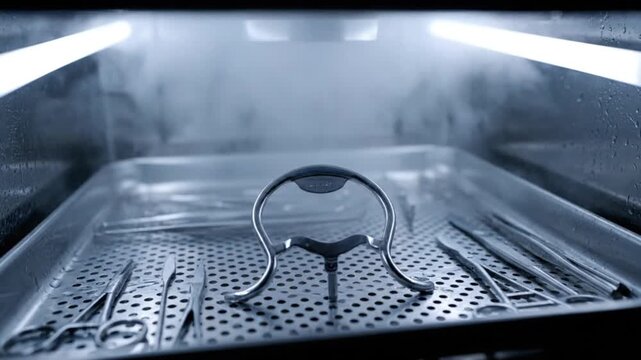 Sterile Medical Tools in Autoclave Chamber Steam Rising