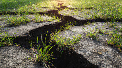 fracture. Cracked earth with grass tufts pushed upward in morning light. ESG reports, sustainability campaigns, designed for sustainability communications and ESG reporting.