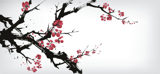 Fototapeta premium Chinese ink painting of cherry flower