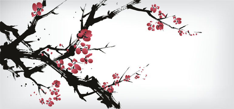 Chinese ink painting of cherry flower
