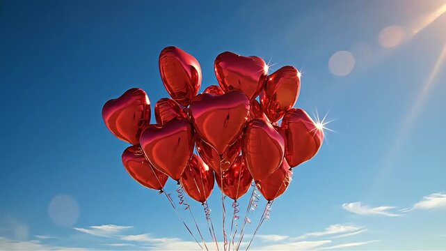 Red Heart Balloons Flying in Clear Blue Sky.