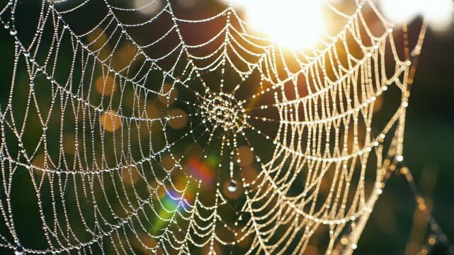 Delicate spider web covered in sparkling dew drops, illuminated by warm morning sunlight creating a magical bokeh effect
