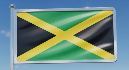 Jamaican Flag Waving in Blue Sky.