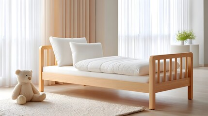 Fototapeta premium A cozy and bright nursery scene featuring a natural wood toddler bed dressed in crisp white linens soft pillows and a comforting duvet complemented by a friendly teddy bear on a textured rug