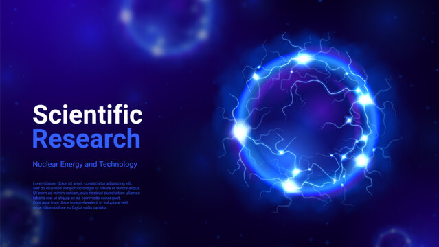 Nuclear power technology research background. Glowing blue plasma sphere of raw electric power with depth of field blur effect. Futuristic nuclear energy concept banner. 3d vector illustration.