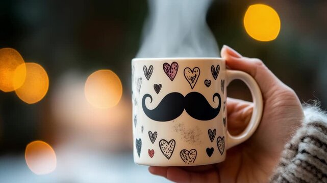 Warm beverage enjoyment with bokeh lights in cozy winter setting