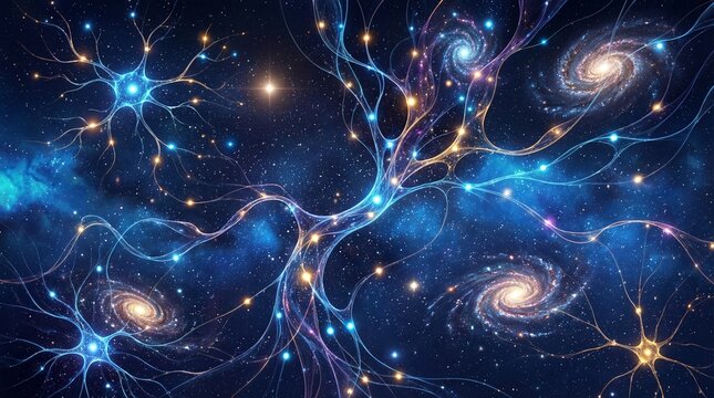 Abstract cosmic neurons connect glowing star systems across the deep blue interstellar space background.
