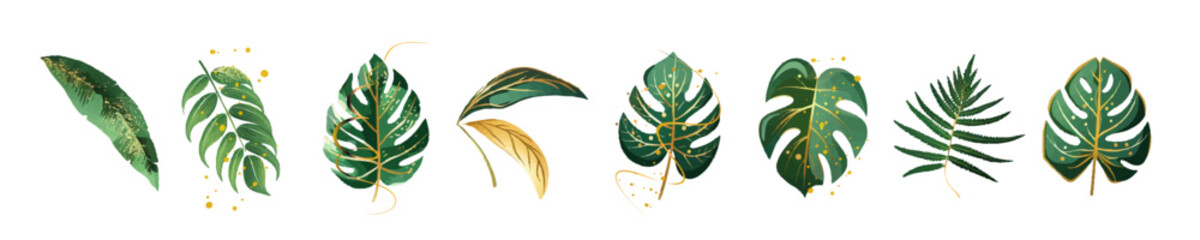 Green Monstera and Palm Leaves with Elegant Gold Splatter. Decorative monstera and palm foliage with stylish golden splashes, modern botanical vector elements.