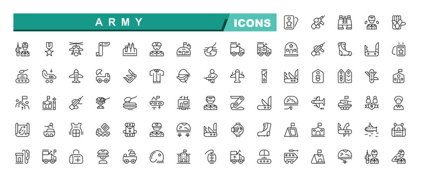 Army thin line icon set. Editable stroke. Military and Defense outline signs for graphic and web design, Contain linear symbols force, navy, soldier, fight, warrior.