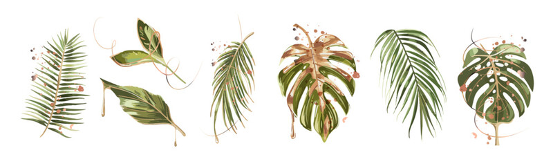 Tropical Palm Frond with Dripping Gold Botanical Luxury Illustration. Elegant palm frond accented with liquid gold drips, modern tropical botanical design on clean white background.