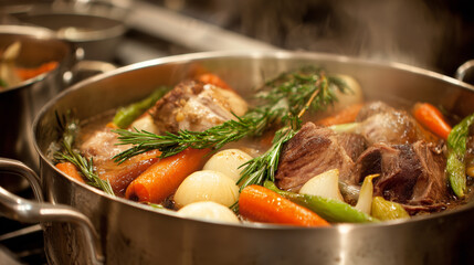 Stock is an essential daily ingredient in restaurant kitchens, typically simmered for over four hours using beef bones and mature hens, and commonly used to prepare premium dishes.