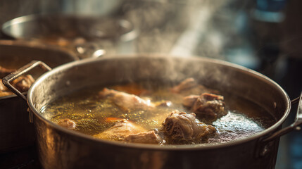 Stock is an essential daily ingredient in restaurant kitchens, typically simmered for over four hours using beef bones and mature hens, and commonly used to prepare premium dishes.