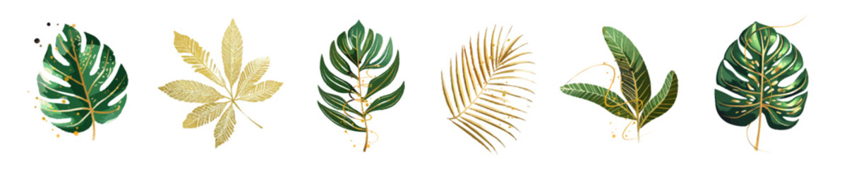 Stylish Tropical Leaves with Golden Paint Drip Botanical Vector. Trendy tropical foliage illustrations with dripping gold paint effect, modern botanical design elements.