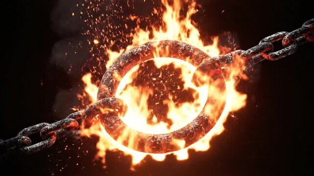 A fiery ring with chains, enveloped in flames against a black backdrop, symbolizes burning bondage