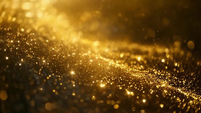 Luxurious Abstract Golden Particles Flowing and Sparkling, Creating a Dynamic Wave of Brilliant Bokeh Dust Motion Background Loop.