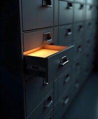 Monochrome Filing Cabinets with One Glowing Drawer