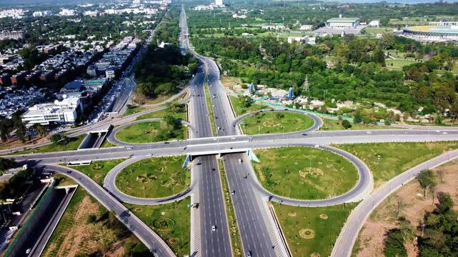 Aerial View of Cloverleaf Highway Interchange in Urban Setting
