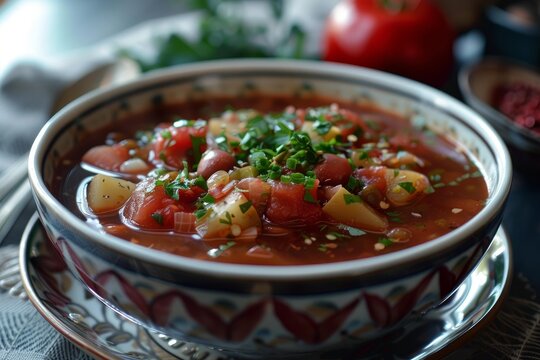 Steaming hot tomato soup with potatoes, beans, and fresh herbs, garnished with chopped parsley and chives