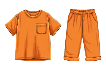Orange short sleeve shirt and matching pants for kids casual outfit isolated on transparent background