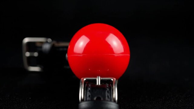 Red gag ball with leather strap and metal buckle on black background