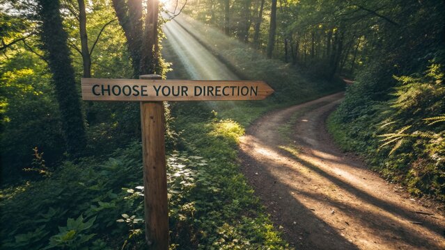 Wooden sign with text on pathway, choosing a direction